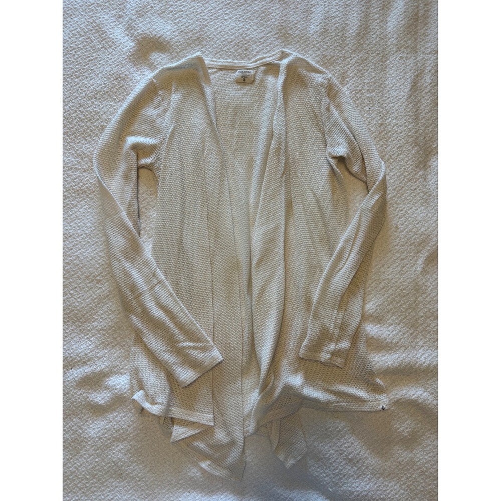 Volcom Lived In Waffle Knit Cardigan Cream Open Front Sweater Womens Medium